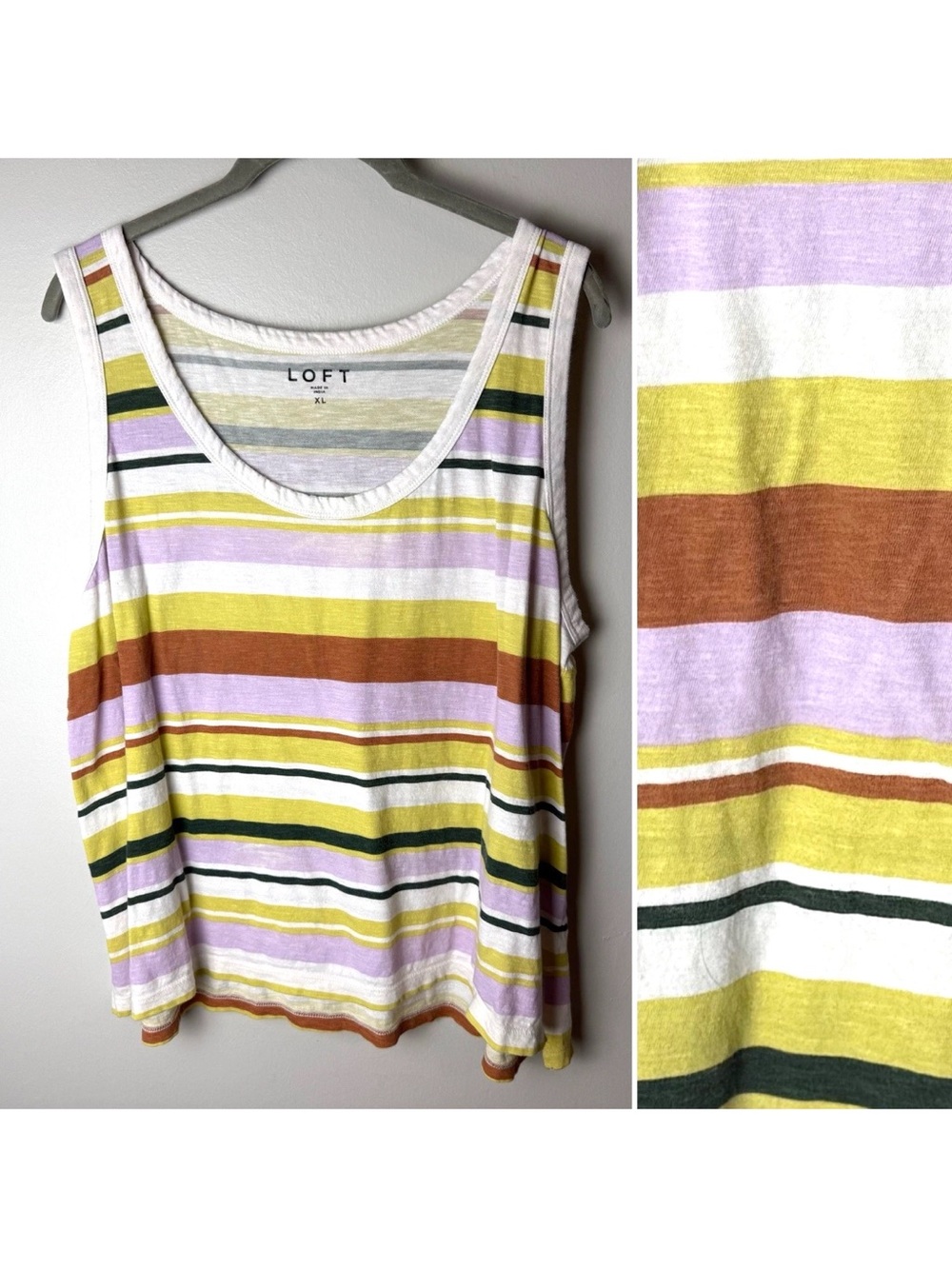 Loft Tank Top Size XL Cotton Stripes White Green Lavender Brown Yellow Casual